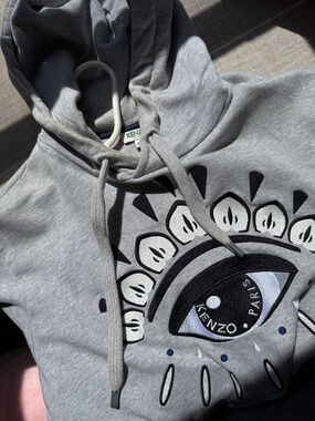 Kenzo Light Gray Eye Motif Hoodie with Black and Blue Accents